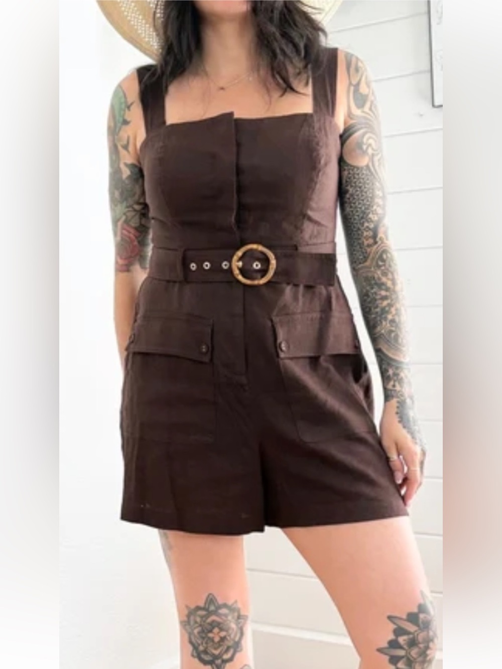 House of Harlow 1960 Dark Brown High-Waist Utility Shorts with Belt